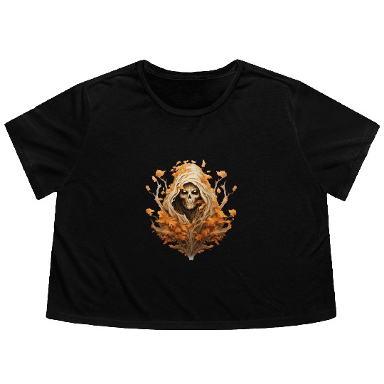 Halloween Autumn with Skull Tree and Grim Reaper Flowy Cropped Tees