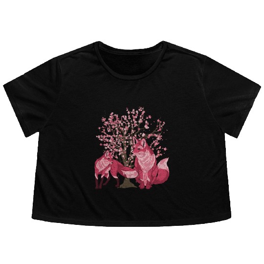 Cherry blossom tree forest animal gift sakura fox Flowy Cropped Tees