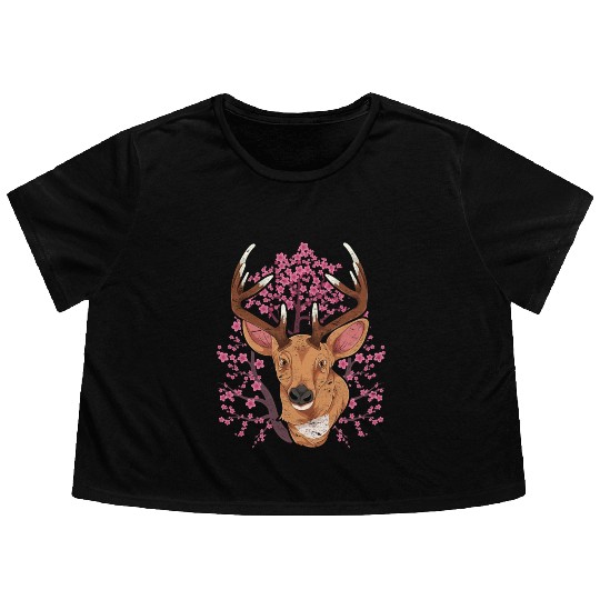 Cherry blossom forest animal gift Sakura deer Flowy Cropped Tees