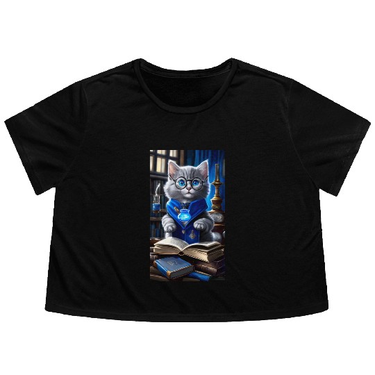 The Raven-claw Kitten Scholar: A Feline Journey. Flowy Cropped Tees