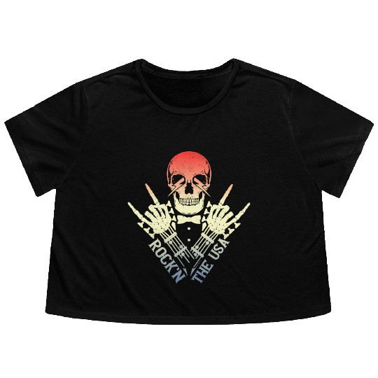 Rock n The Usa Rock Roll Skeleton Guitar Flowy Cropped Tees