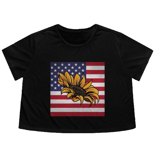 Sunflower Gardening Us Flag Flowy Cropped Tees