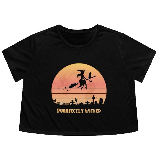 Wicked Cat Witch Funny Halloween Witch Flowy Cropped Tees