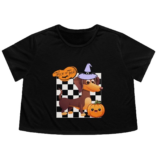 Cute Halloween Dachshund Trick or Treating Flowy Cropped Tees