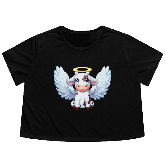 cow angel wings farm halo Flowy Cropped Tees
