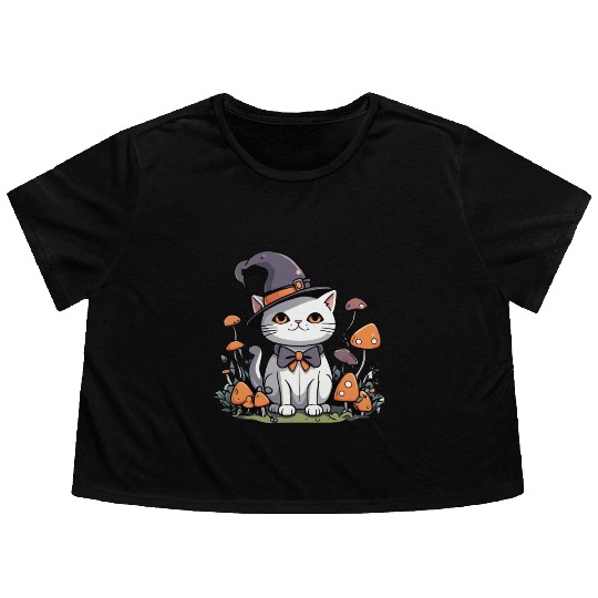 Whimsical Witch Cat with Mushrooms Flowy Cropped Tees