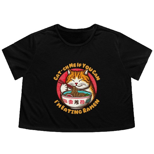 I'm eating Ramen Japanese cat Flowy Cropped Tees