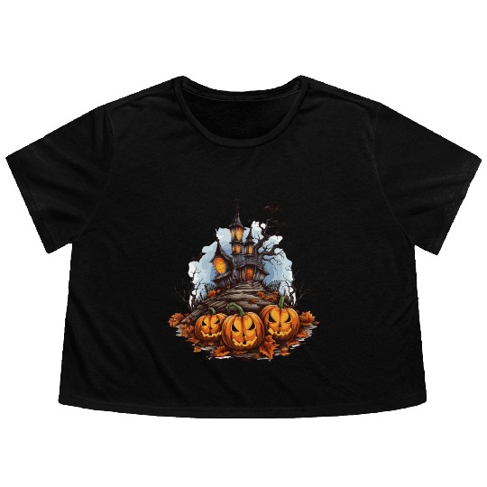 Halloween Pumpkin Bat Spell Haunted House Flowy Cropped Tees