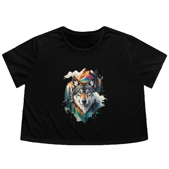 Majestic Mountain Wolf Nature Inspired Artwork Flowy Cropped Tees