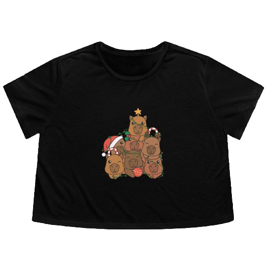 Capybara Christmas Tree Funny Animal Christmas Flowy Cropped Tees