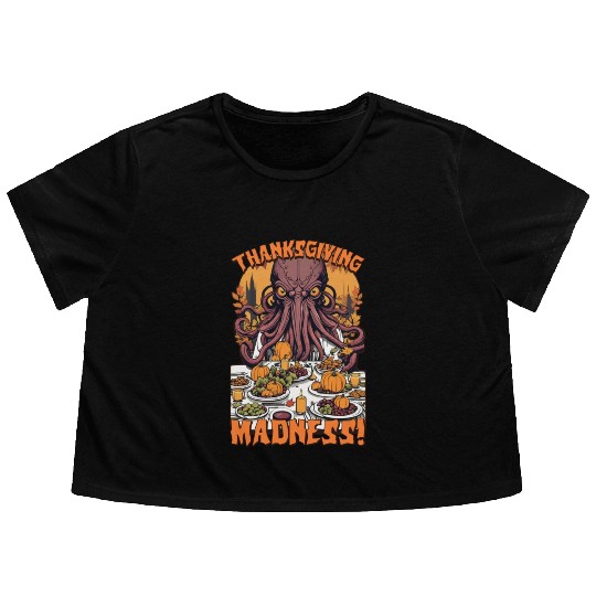 Autumn Feast with Cthulhu - Thanksgiving Madness Flowy Cropped Tees