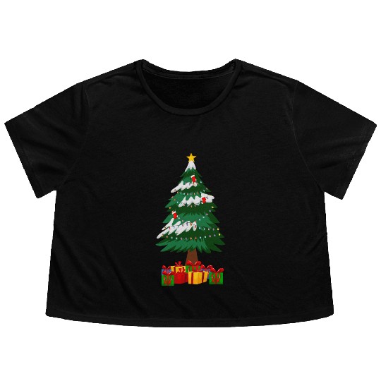 Merry Christmas Tree with Surprise Presents Boxes Flowy Cropped Tees