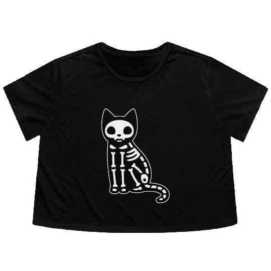 Skeleton Cat Halloween Flowy Cropped Tees