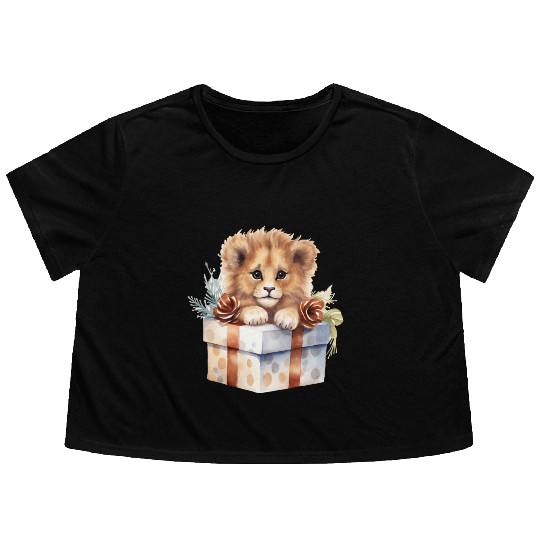 African Lion inside a Christmas gift box Flowy Cropped Tees