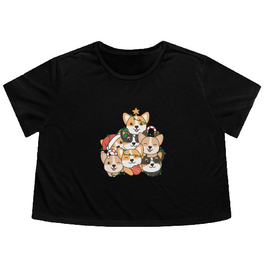 Corgi Christmas Tree Funny Animal Christmas Flowy Cropped Tees