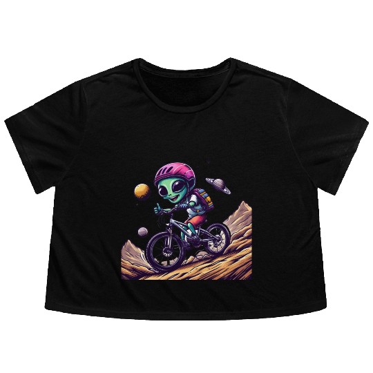 Funny mtb alien race on mountain bike Flowy Cropped Tees