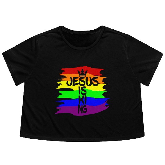 Queer Jesus is King Cross Crown Rainbow Colors Flowy Cropped Tees