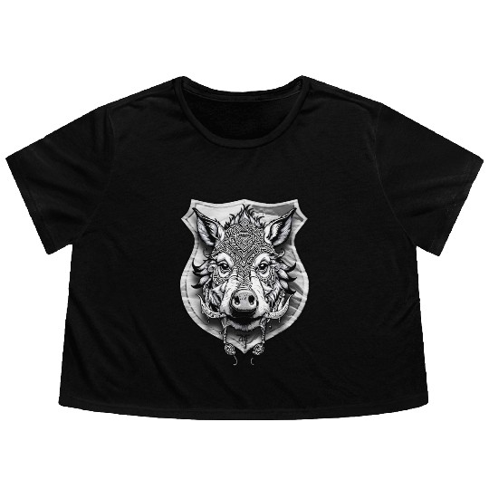 shield with wild boar head - DIGITAL - grayscale Flowy Cropped Tees