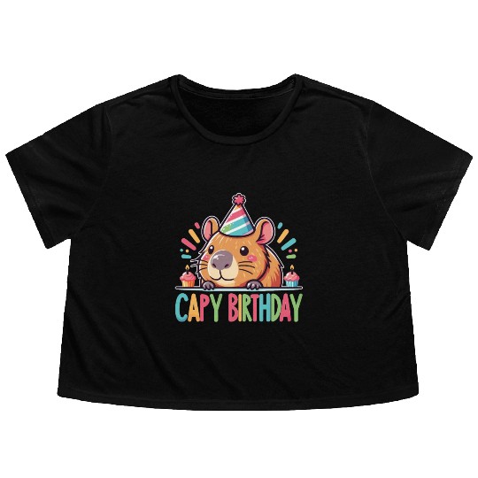 Capybara Capy Birthday Pun Happy Birthday Flowy Cropped Tees