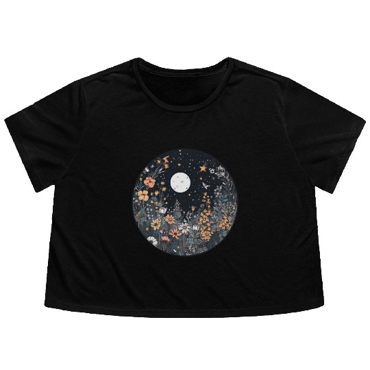 Midnight Sky Aesthetic Meadow Flower Garden Graphi Flowy Cropped Tees
