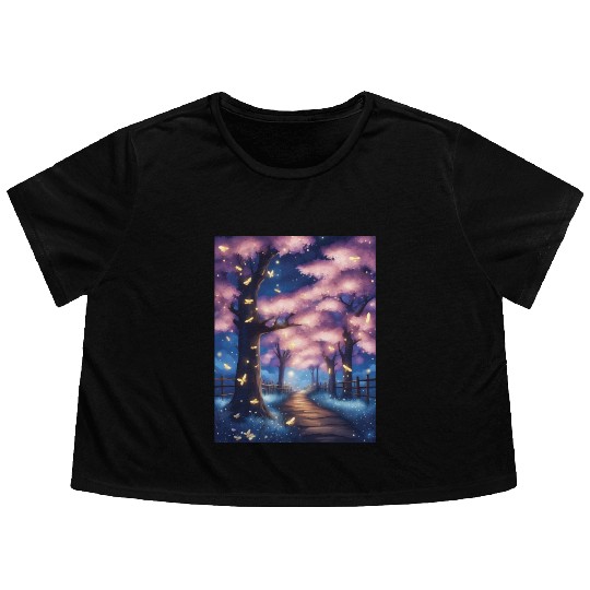 Fireflies In Cherry Blossom Trees Flowy Cropped Tees