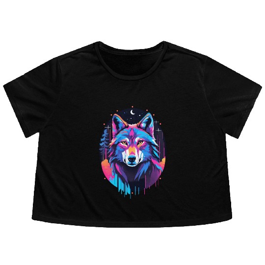 Eerie Blacklight Wolf Flowy Cropped Tees - Neon Colors