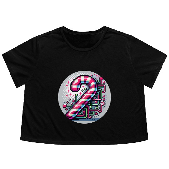 Neon Cyberpunk Candy Cane 8-Bit Pixel Christmas Flowy Cropped Tees