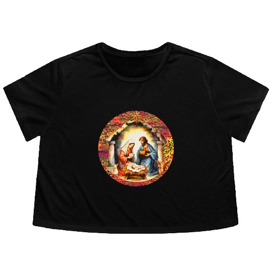 Nativity scene with Mary Joseph Baby Jesus Flowy Cropped Tees
