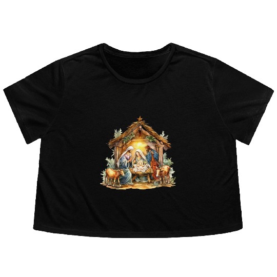 Nativity scene with Mary Joseph Baby Jesus Flowy Cropped Tees