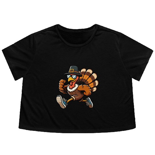Running Turkey- Turkey Trot Running Thanksgiving Flowy Cropped Tees