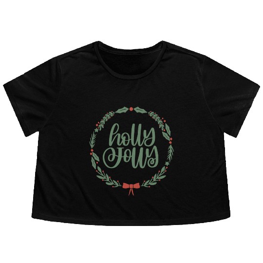 Holly Jolly Sage Green Christmas Wreath Fun Flowy Cropped Tees