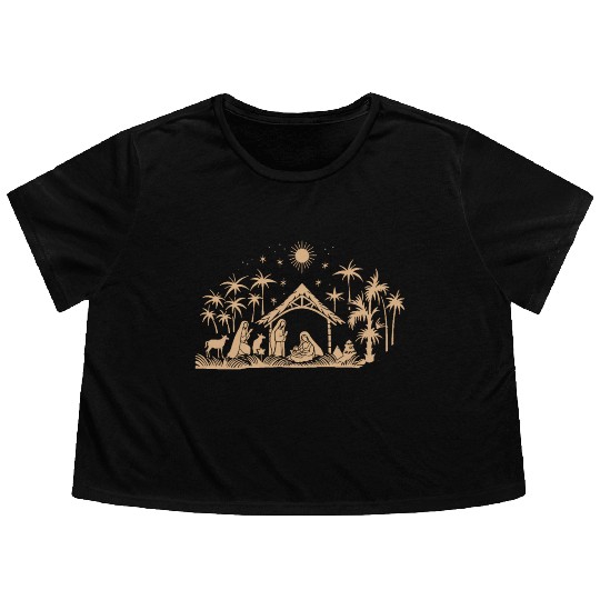 Nativity Scene with Mary Joseph Baby Jesus Flowy Cropped Tees