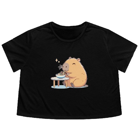 Cute Capybara Eats Ramen Noodles Capybara Ramen Flowy Cropped Tees