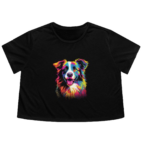 Watercolor Colorful Border Collie Flowy Cropped Tees