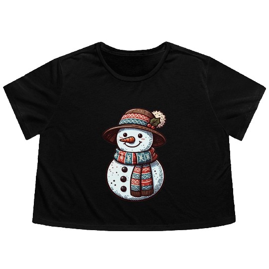 Winter Wonderland: Charming Snowman Illustration Flowy Cropped Tees