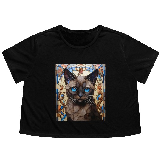 Siamese kitten in stained glass Flowy Cropped Tees