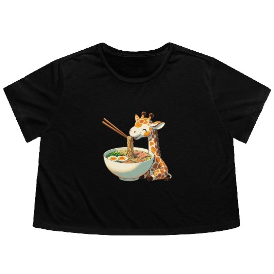 Cute Giraffe Eats Ramen Noodles Giraffe Ramen Flowy Cropped Tees