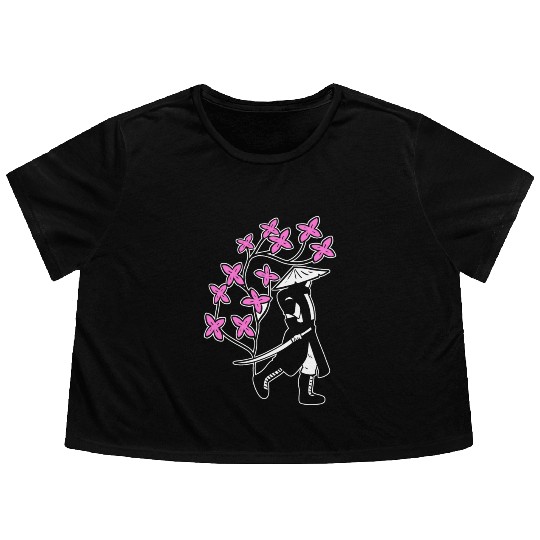 Samurai Sakura Tree Chinese Warrior Gift Flowy Cropped Tees
