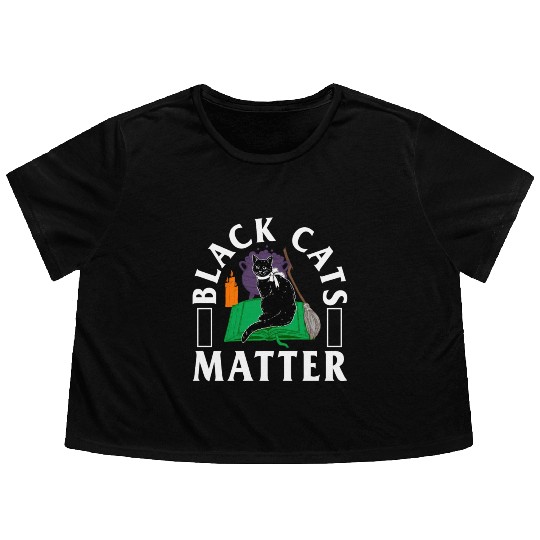 Halloween Flowy Cropped Tees, Black Cats Matter Witch