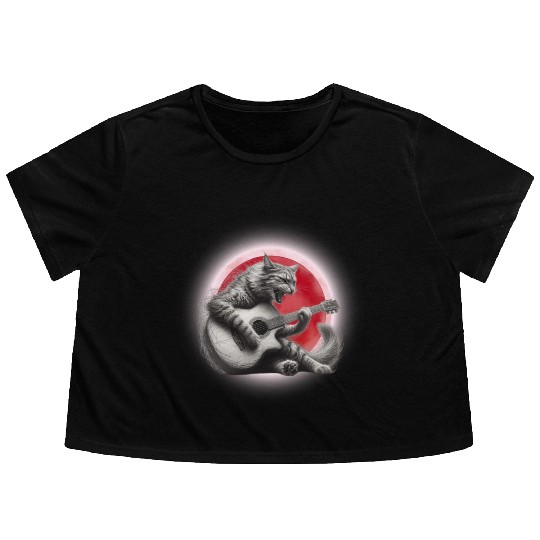 Rock Cat Playing Guitar Flowy Cropped Tees under the red moon