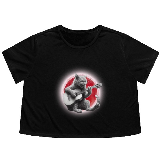 Rock Cat Playing Guitar Flowy Cropped Tees under the red moon