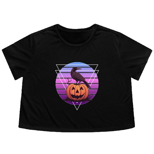 Raven Crow On Pumpkin Vaporwave Halloween Pagan Ae Flowy Cropped Tees
