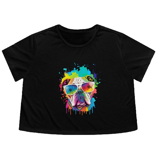 Colorful Bulldog Head Flowy Cropped Tees