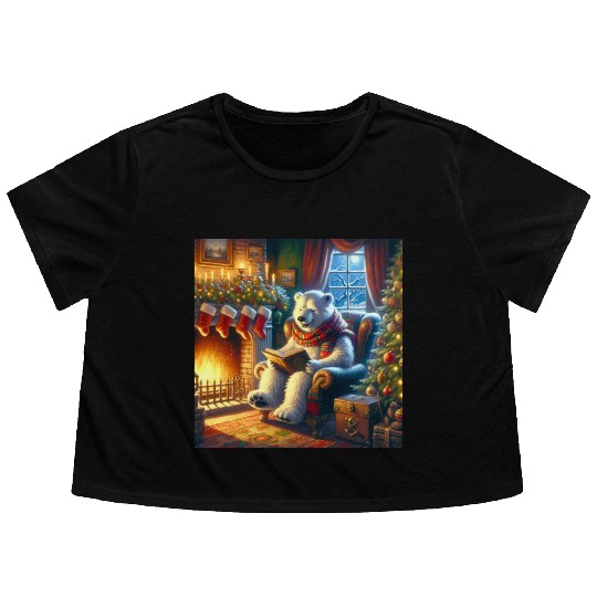 Winter Tales-Merry Cozy Bear Reading by Fireplace Flowy Cropped Tees