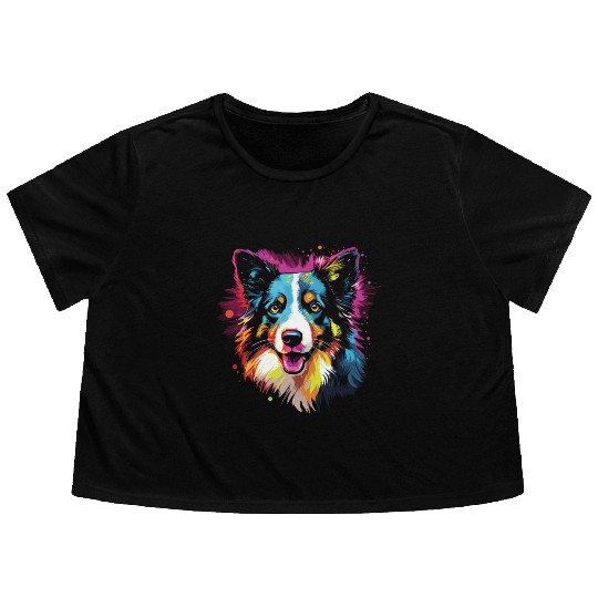 Watercolor Colorful Border Collie Flowy Cropped Tees