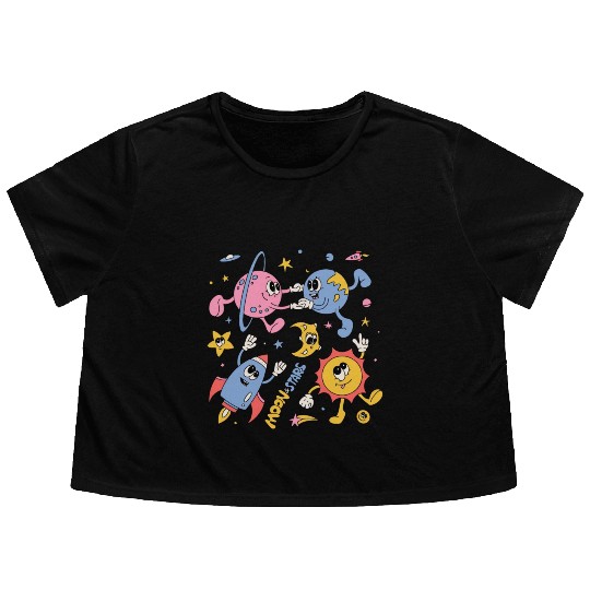 Solar System Planets Moon Sun Saturn Cute Groovy Flowy Cropped Tees