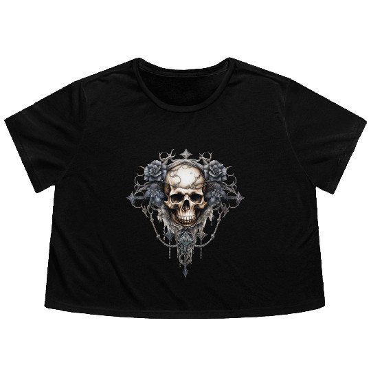 Gothic Art Print with Skull and Roses Flowy Cropped Tees