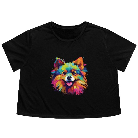 Watercolor Colorful Pomeranian Flowy Cropped Tees