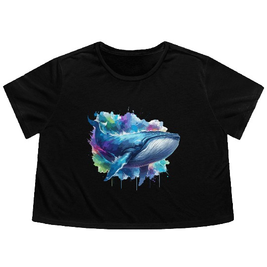 Blue Whale Colourful background Flowy Cropped Tees