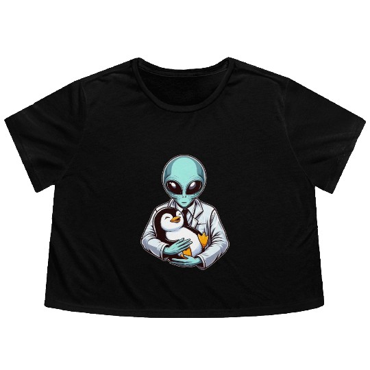 Alien Embracing Penguin Flowy Cropped Tees